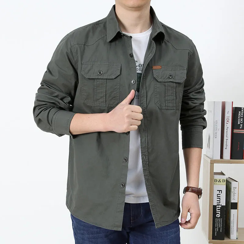 Cotton men's loose fit military style long sleeve shirt in khaki, front view, available in sizes M to 6XL