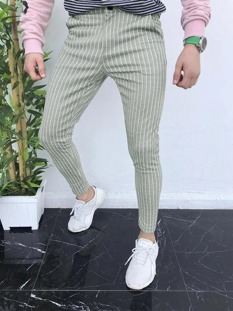 Men's slim-fit plaid casual trousers in polyester blend fabric with straight leg design