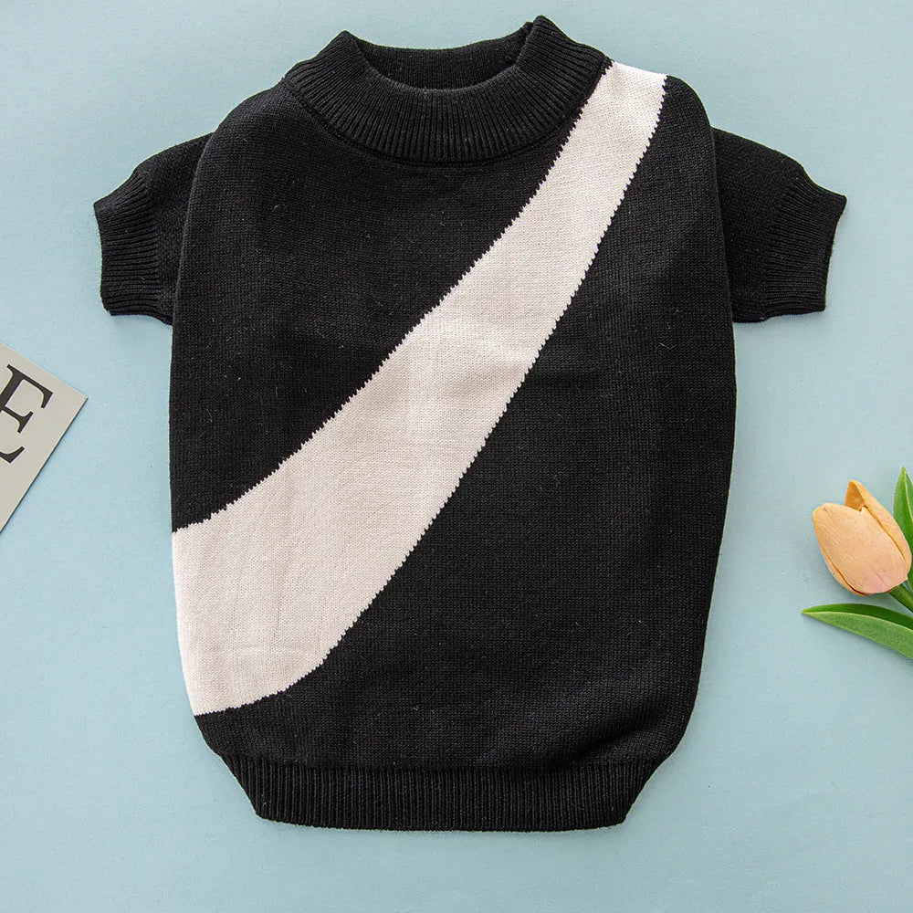A casual style wool sweater for dogs, shown in one of six available colours including sapphire blue, on a mannequin.