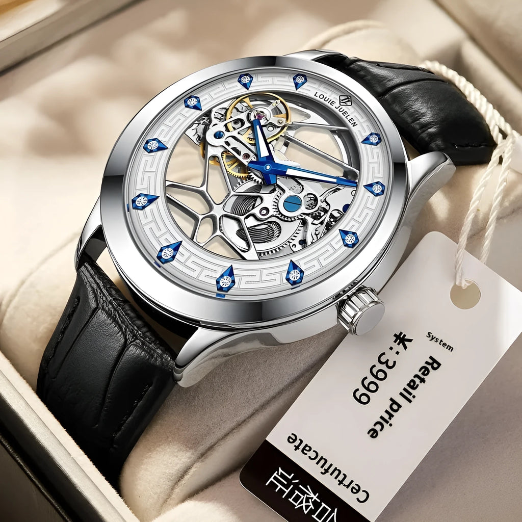 Men's silver mechanical watch with white dial, blue hands and black leather strap