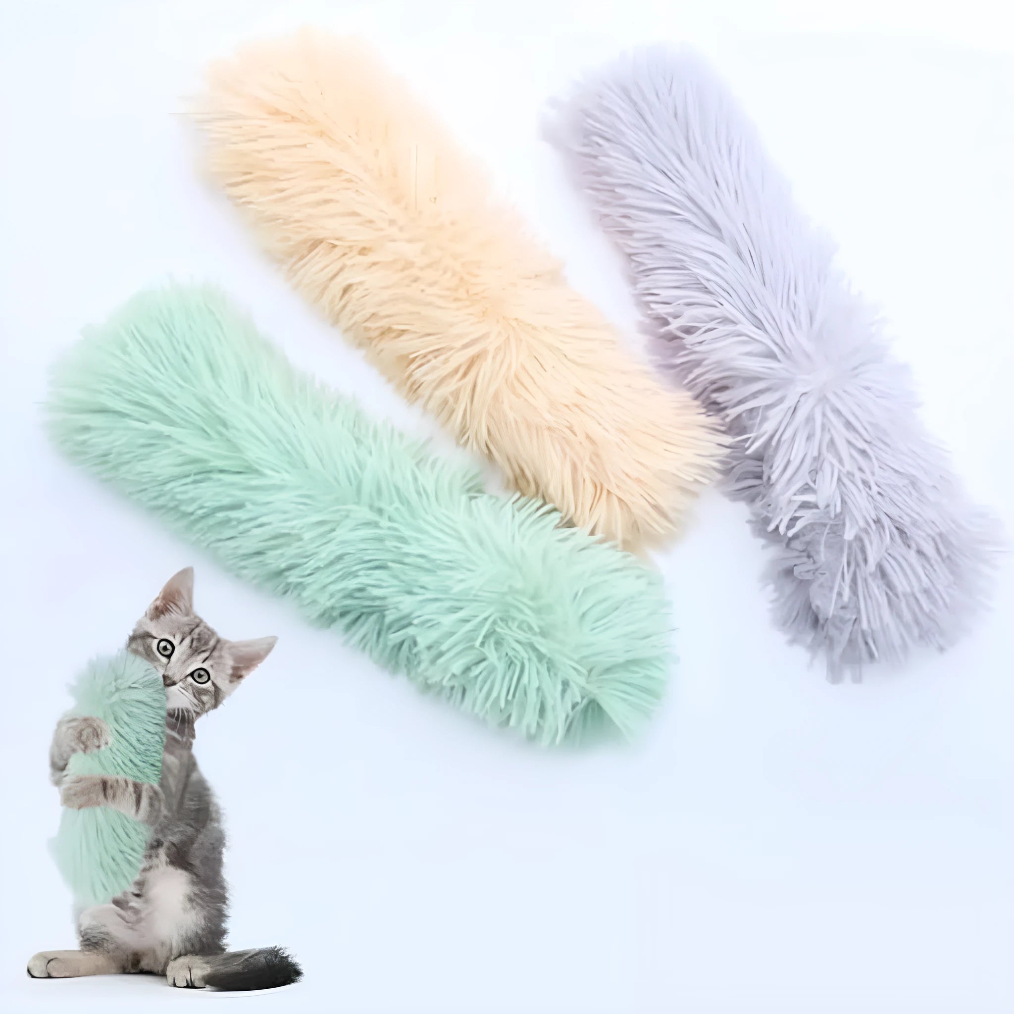 Soft plush interactive cat toy with crinkle sound and catnip filling in assorted bright colours.