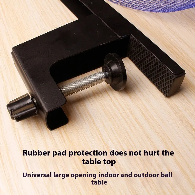 Universal table tennis post and frame set with large clip for indoor open grid tables.