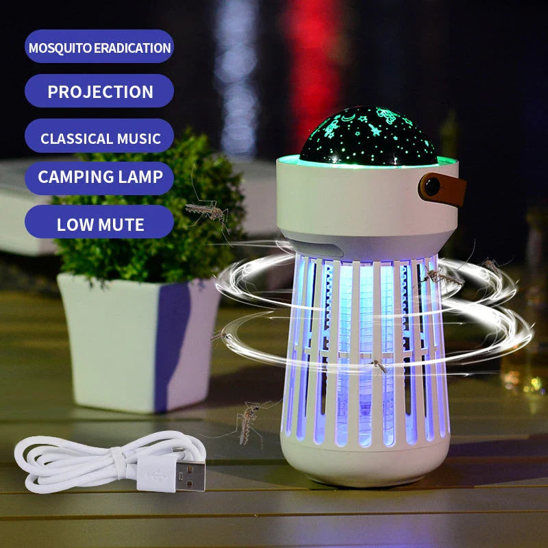 Dual-Function Mosquito Zapper and Star Projector Lamp with Rechargeable Battery and Folding Handle