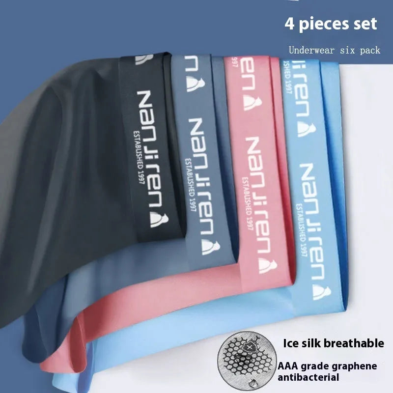 Men's ice silk boyshorts graphene antibacterial quick dry breathable pack of 4 size L-5XL