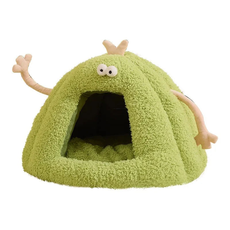 Monster-shaped semi-enclosed cat kennel bed with removable cushion in yellow, purple, or green colours