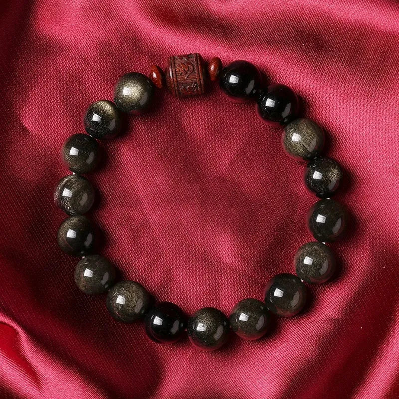Hand-woven golden obsidian vintage bracelet with 10mm round beads