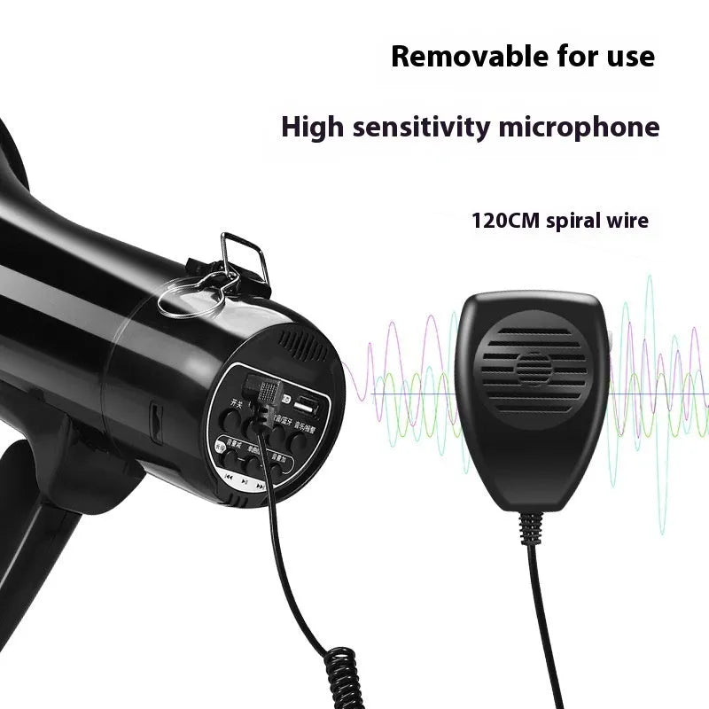 High-power handheld sales speaker with built-in microphone, USB port, and button controls