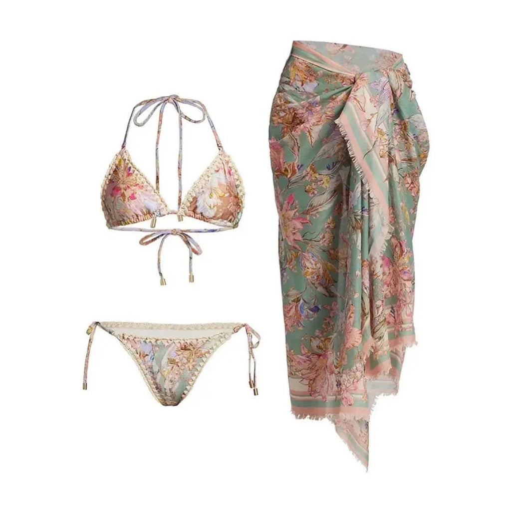 Women's creamy white floral bikini set with skirt in sizes S to XXL