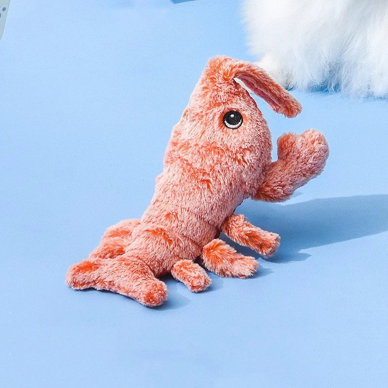 USB rechargeable jumping lobster cat toy with motion-activated swaying and flipping action, made of soft plush fabrics