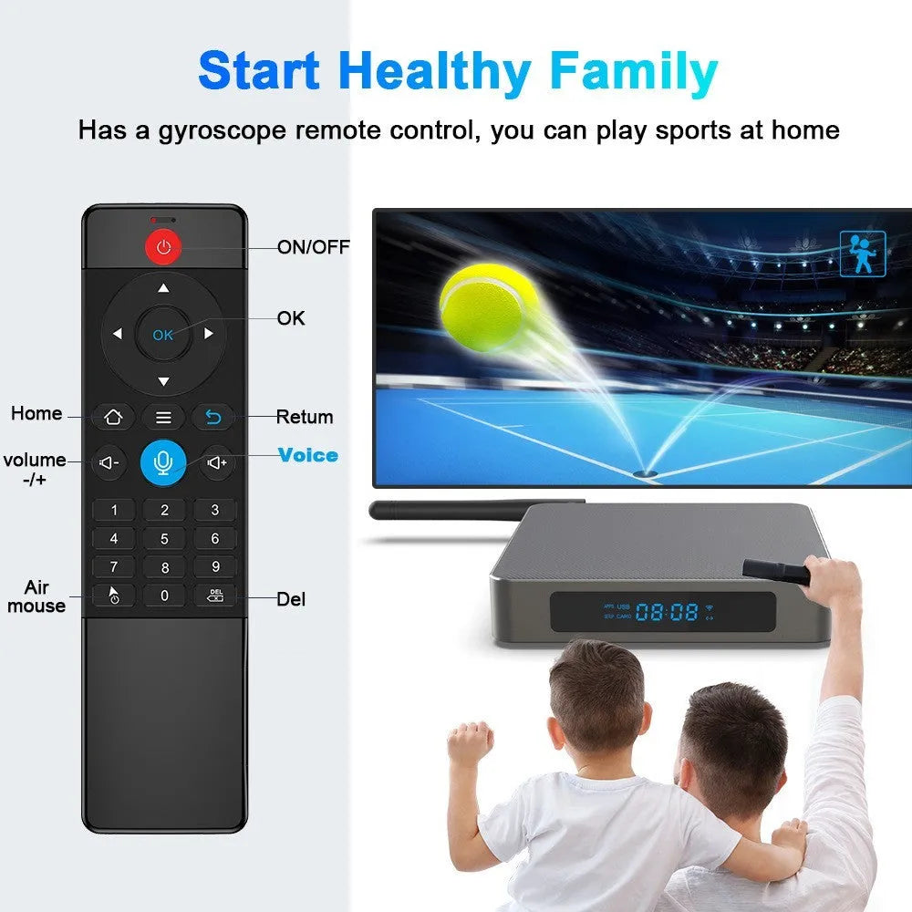 Black Android 8K network set-top box with remote, HDMI cable, and power supply on a wooden surface.