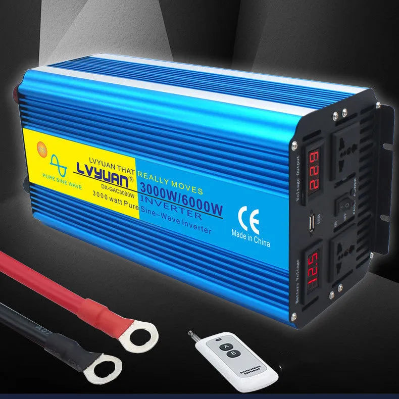 Blue 3000W pure sine wave power inverter with digital displays and UK socket