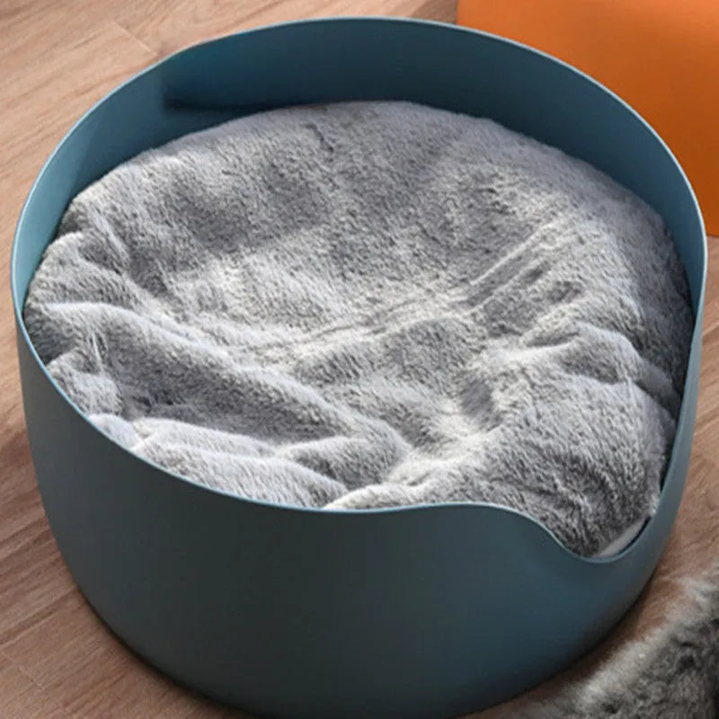 Cat nest scratching bowl with thick plush mat in blue, green, and orange for all-season use