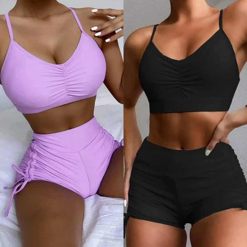 Purple women's high-waist split bikini swimsuit top and shorts set.