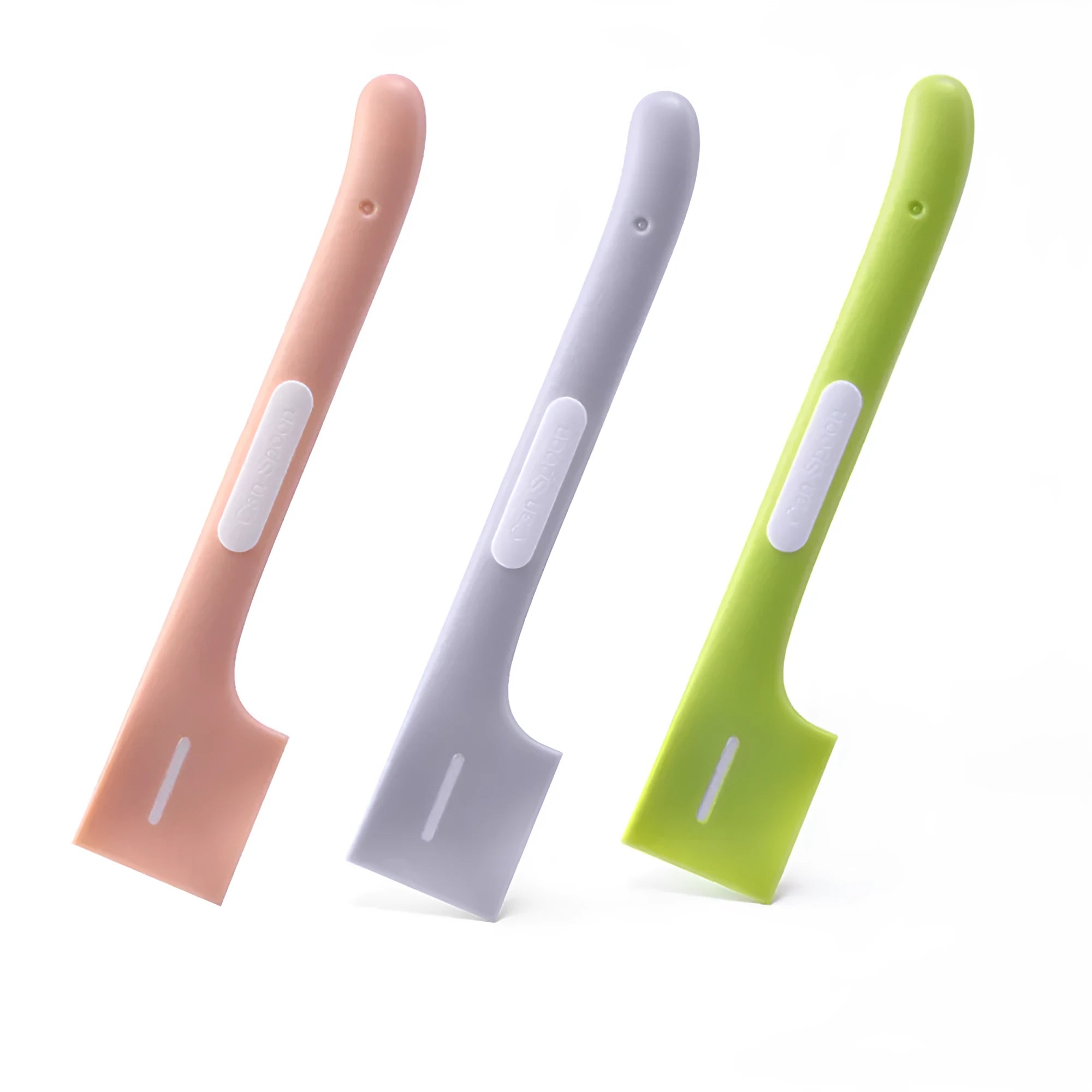 Green TPR pet feeding spoon with long handle and angled scoop for canned food