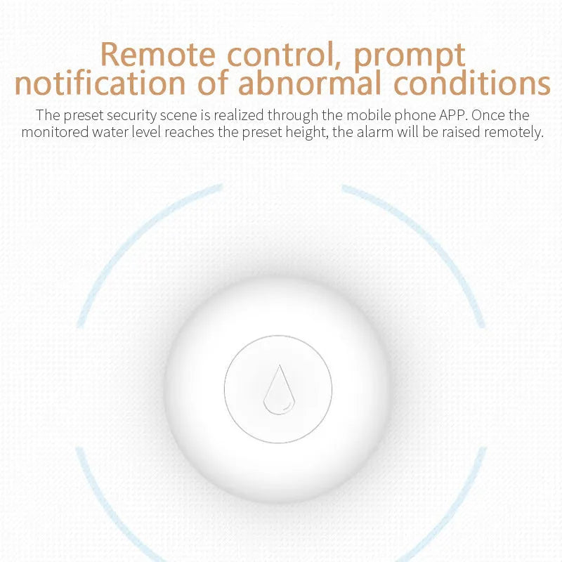 Compact white Zigbee wireless water flood sensor for smart home on a wooden surface.