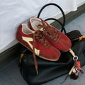 Women's retro suede sneakers in solid red, sand, brown, or milk grey with rubber outsole and height-increasing sole, sizes 35-40