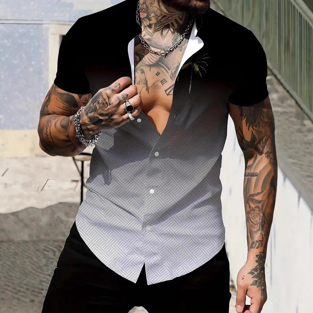 Men's slim-fit geometric line print short sleeve lapel cardigan shirt.