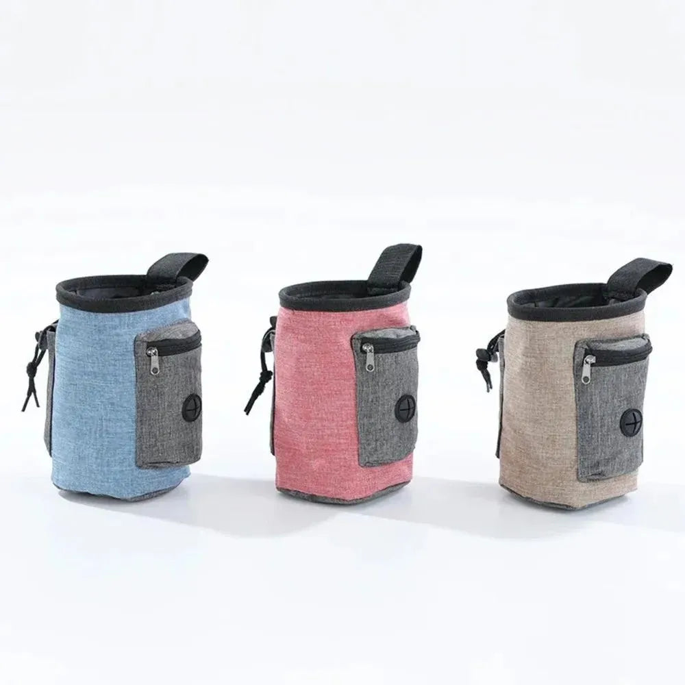 Adjustable elastic pet waist bag in blue colour with waterproof cloth compartments and plastic side clips