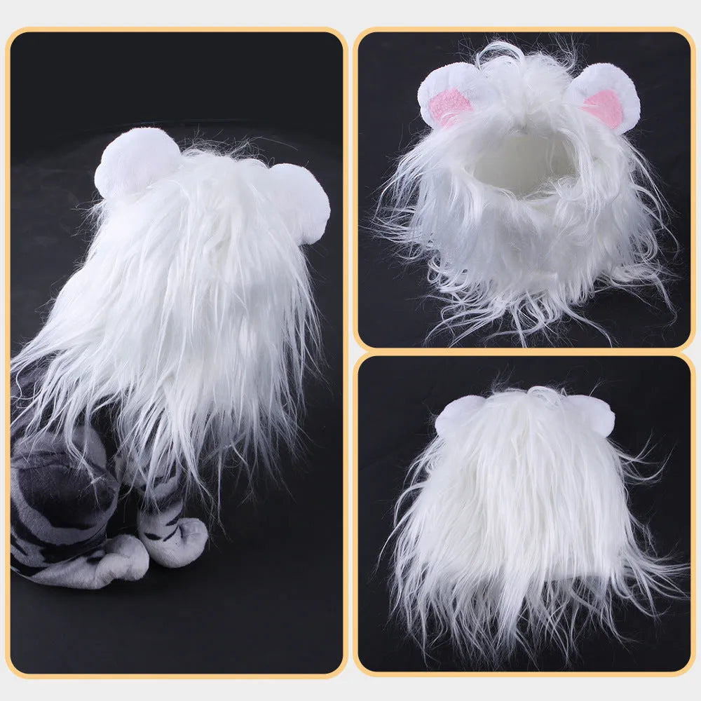 Black and white pet cat lion headgear wig hat costume in small, medium, large sizes