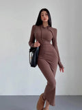 Women's grey sheath dress with hooded long sleeve underlayer and high waist design