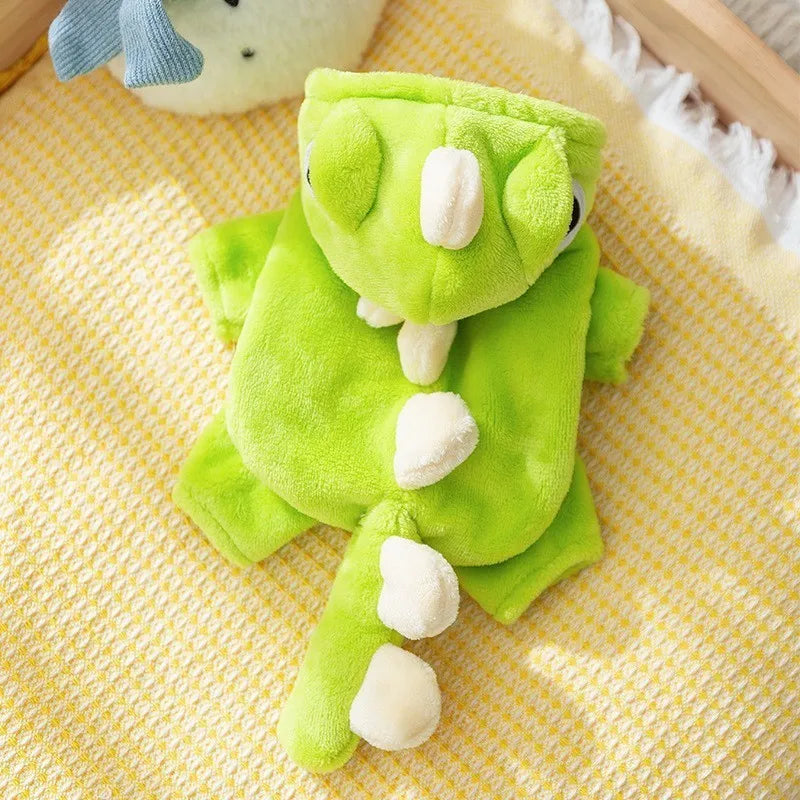 Green fleece dinosaur costume for small dogs with four legs, white chameleon back, and cartoon eyes
