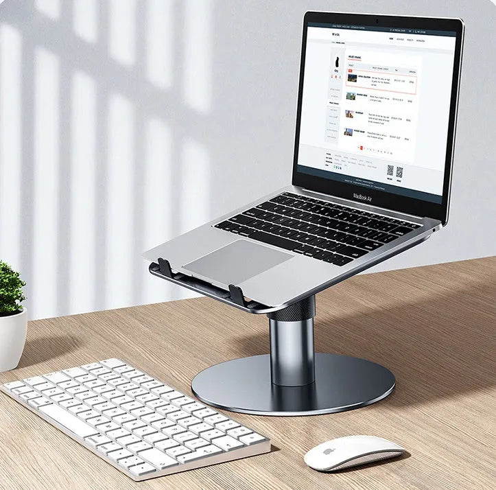 Silver adjustable car laptop stand with aluminum alloy frame and non-slip silicone pads.