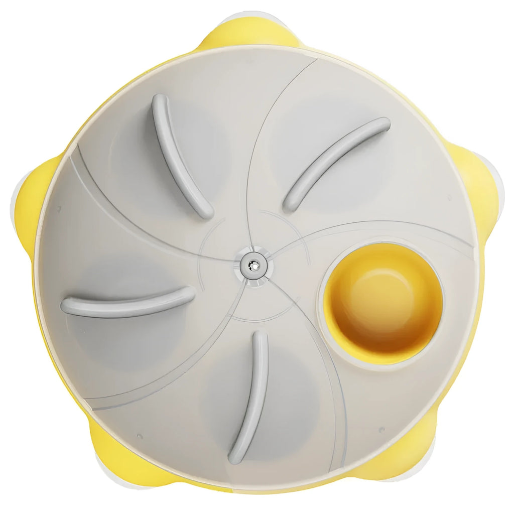 Bright yellow interactive cat toy and snack bowl for pet entertainment and feeding.