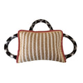 Colourful dog tug toy with a jute bite pillow centre and three rope handles.