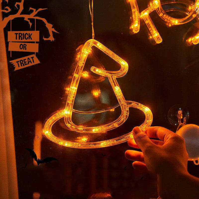 Halloween window hanging LED lights set with spider, pumpkin, and ghost shapes