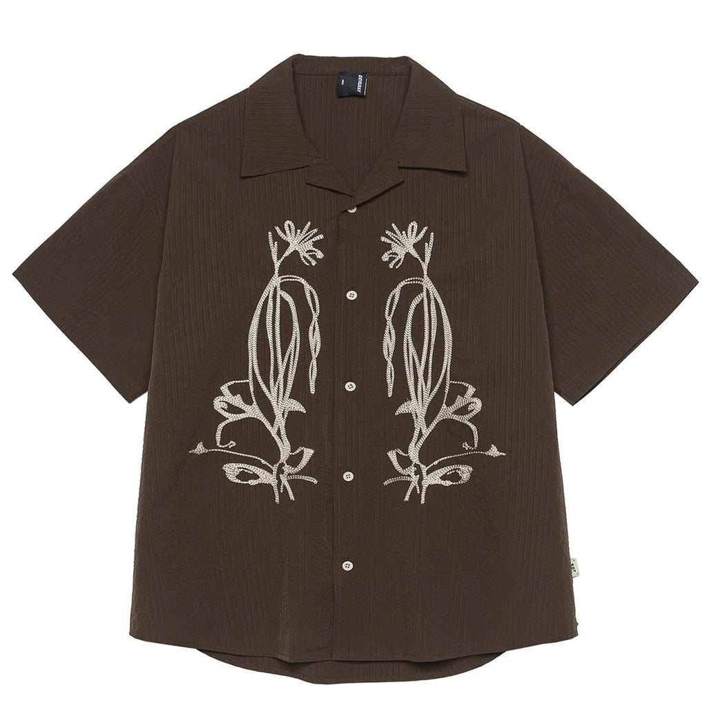 Brown coffee colour striped waterproof short sleeve shirt with Cuban collar for outdoor camping