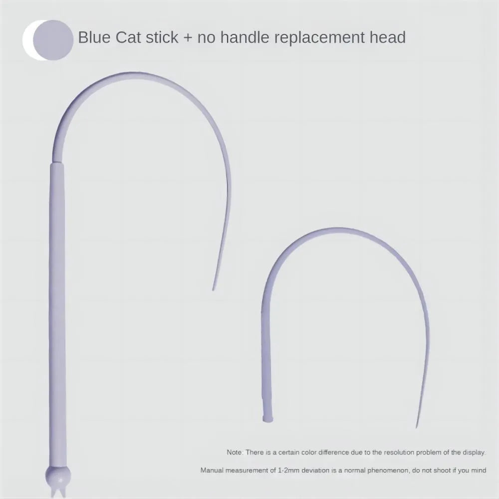 Blue simulated mouse tail cat toy with long silicone tail and cat head handle for interactive feline play
