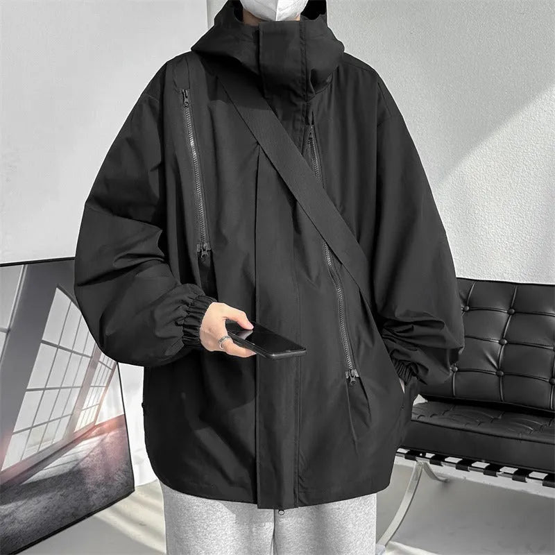 Men's autumn waterproof windproof shell jacket in solid colour with long sleeves and side pockets