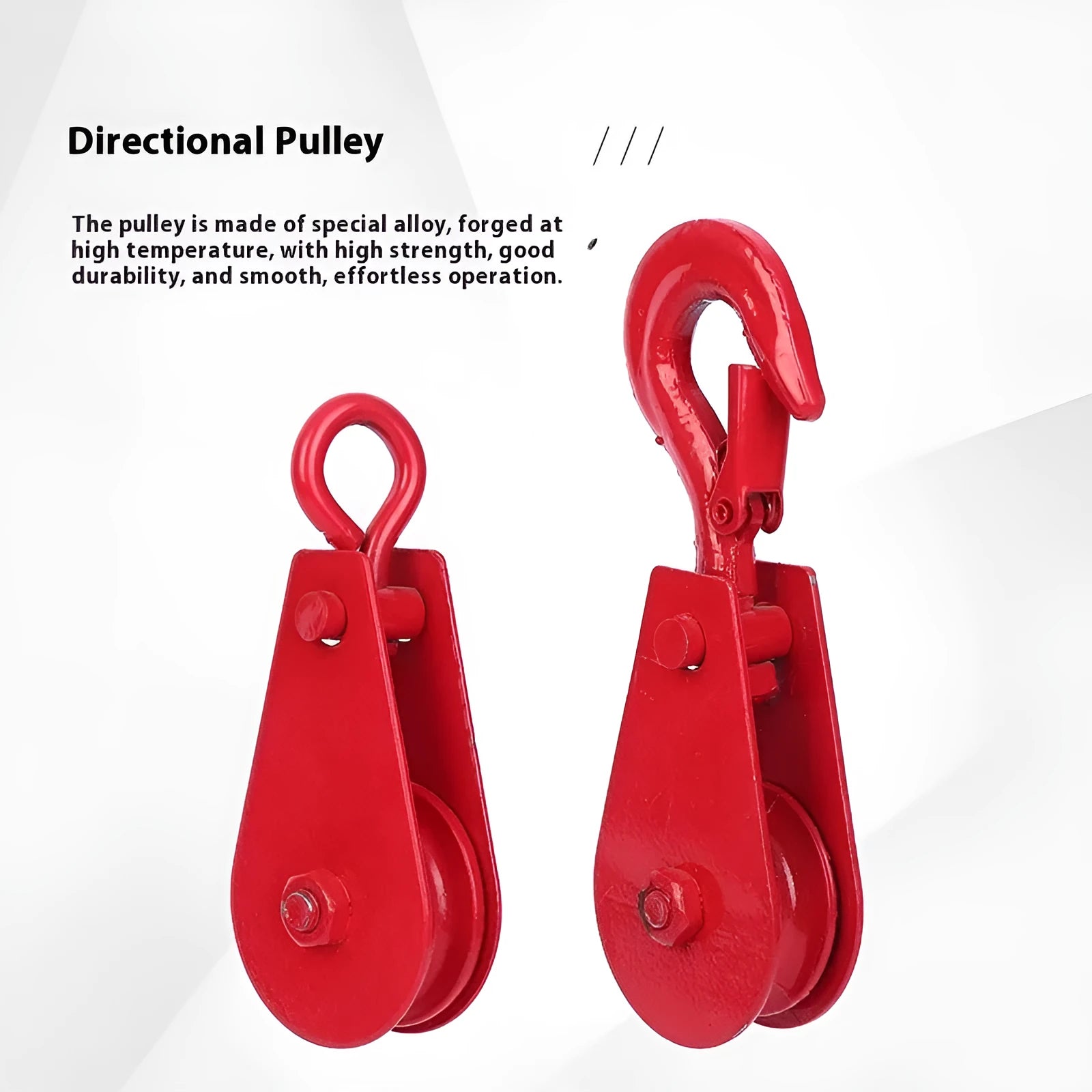 Red industrial lifting pulley with a forged steel hook and safety latch, rated for general lifting use.