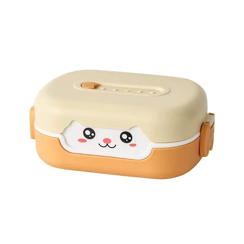 Square divided plastic lunch box in dark blue, orange yellow, and pink and green colour options
