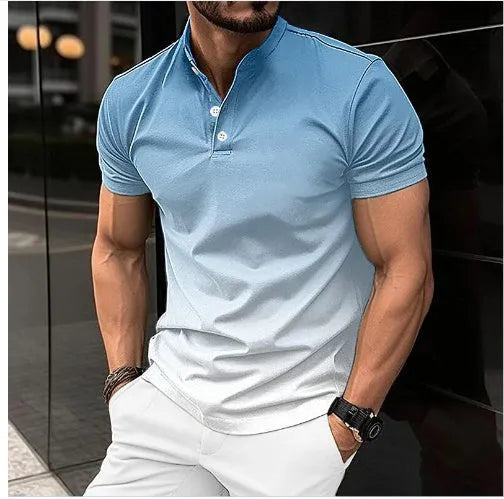 European American stand collar gradient golf short sleeve t-shirt in gray with mosaic colour block detail