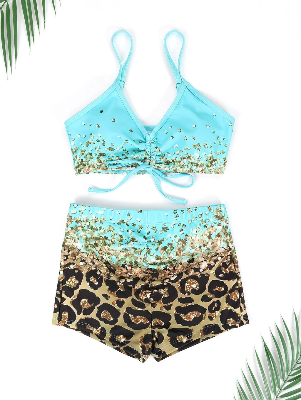 Women's polyester swimsuit set showing sleeveless top and briefs style bottom with matching coat