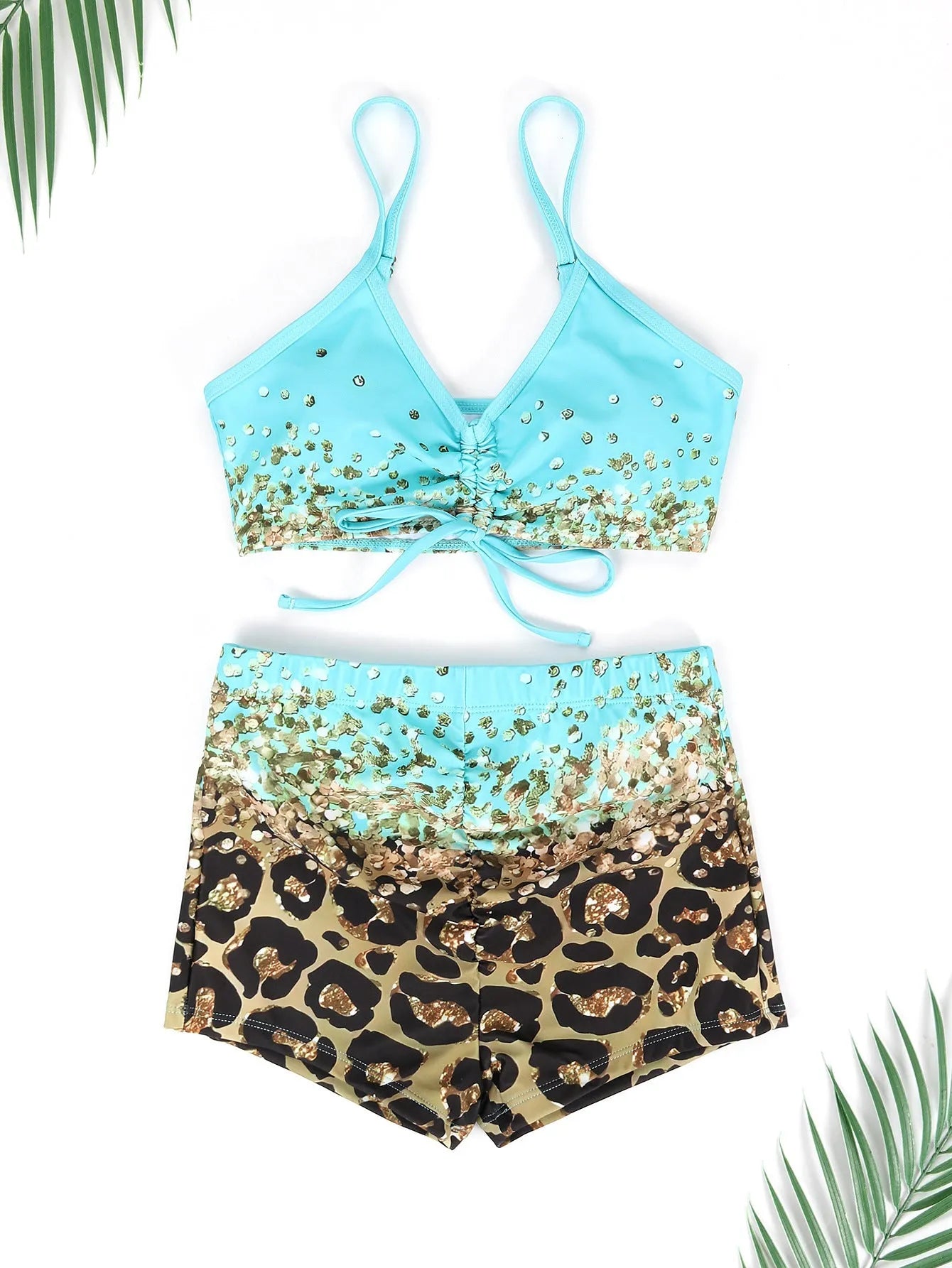 Women's polyester swimsuit set showing sleeveless top and briefs style bottom with matching coat