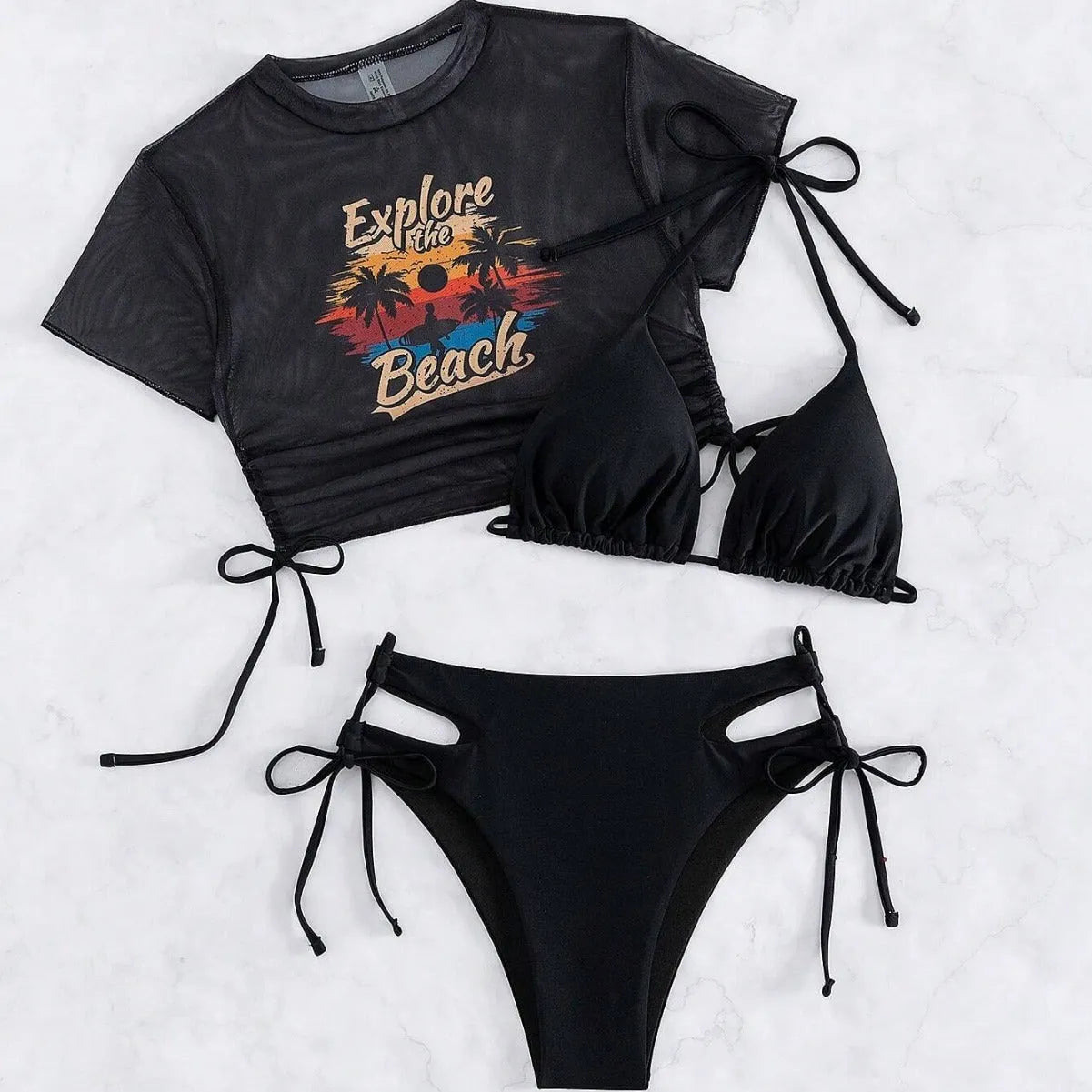 Women's three-piece bikini swimsuit with short sleeves in nylon fabric