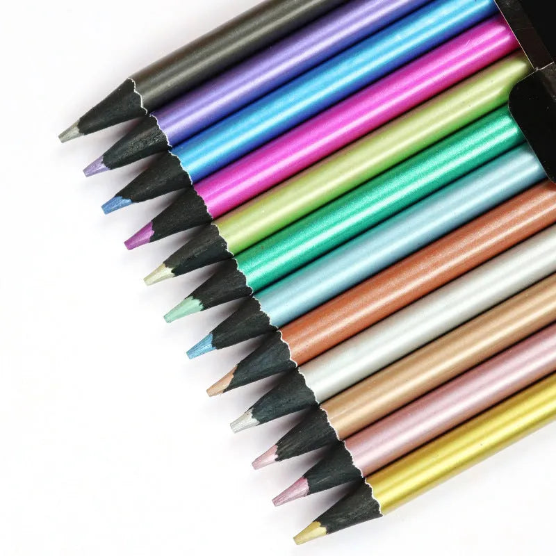 12-color metallic coloured pencils in a box with wood casing and 2B lead core