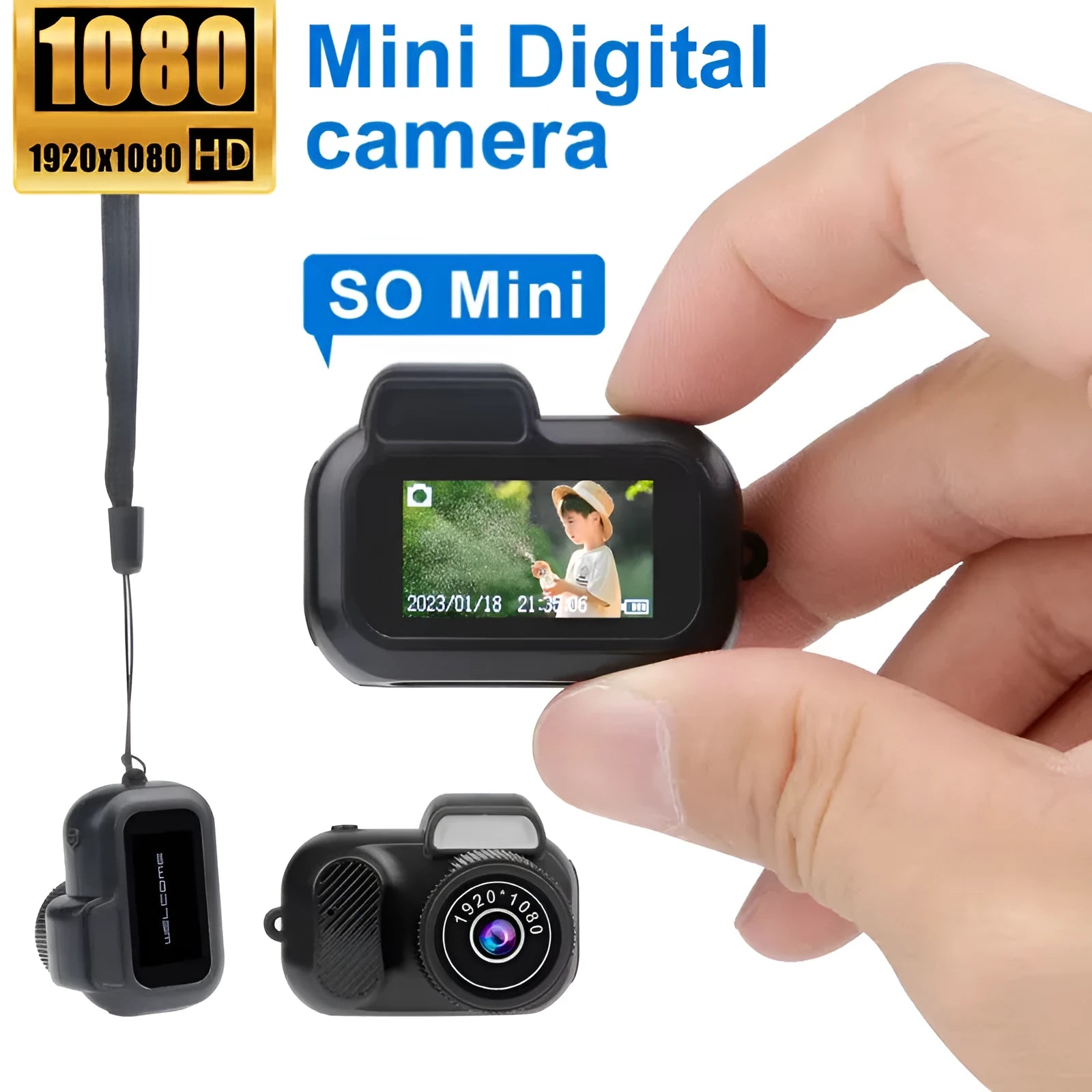 Black retro mini camera with screen displaying 1080p HD video recording capability