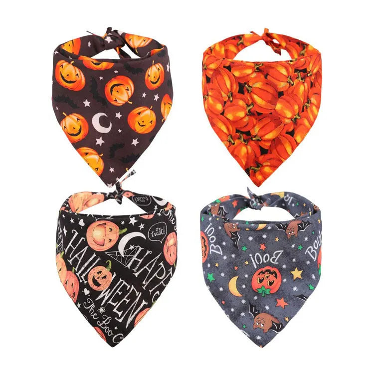 Halloween dog bandana pumpkin double-sided triangle scarf cloth woven embossing graffiti cartoon style