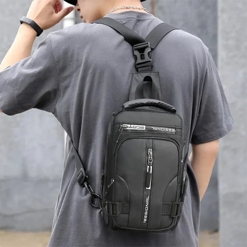 Men's waterproof nylon crossbody chest bag in khaki, medium square vertical section with zip closure and multiple compartments