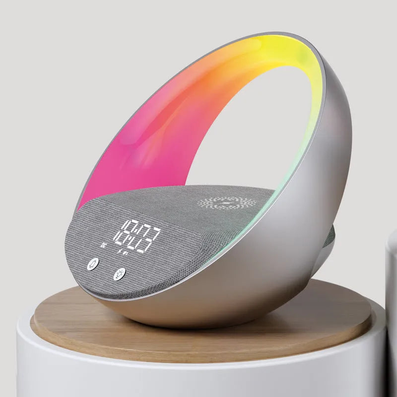 Beige multifunctional wireless charger clock with Bluetooth speaker and LED wake-up light on a bedside table.