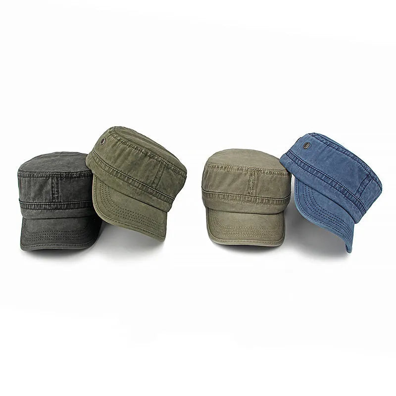 Military flat top cap in cotton fabric with adjustable sizing in four colour options