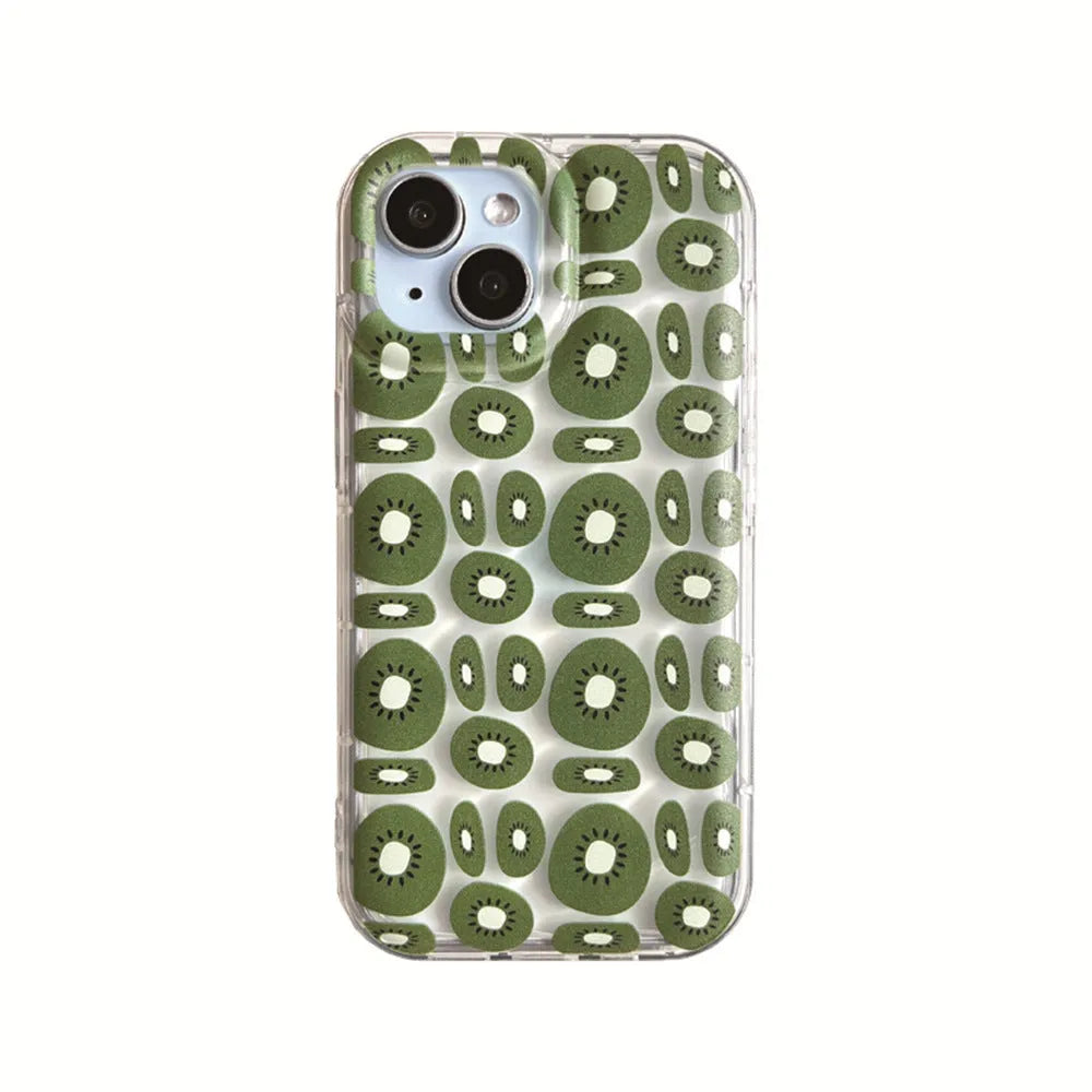 Transparent sliced kiwi fruit TPU phone case for iPhone showing green kiwi pattern on clear background