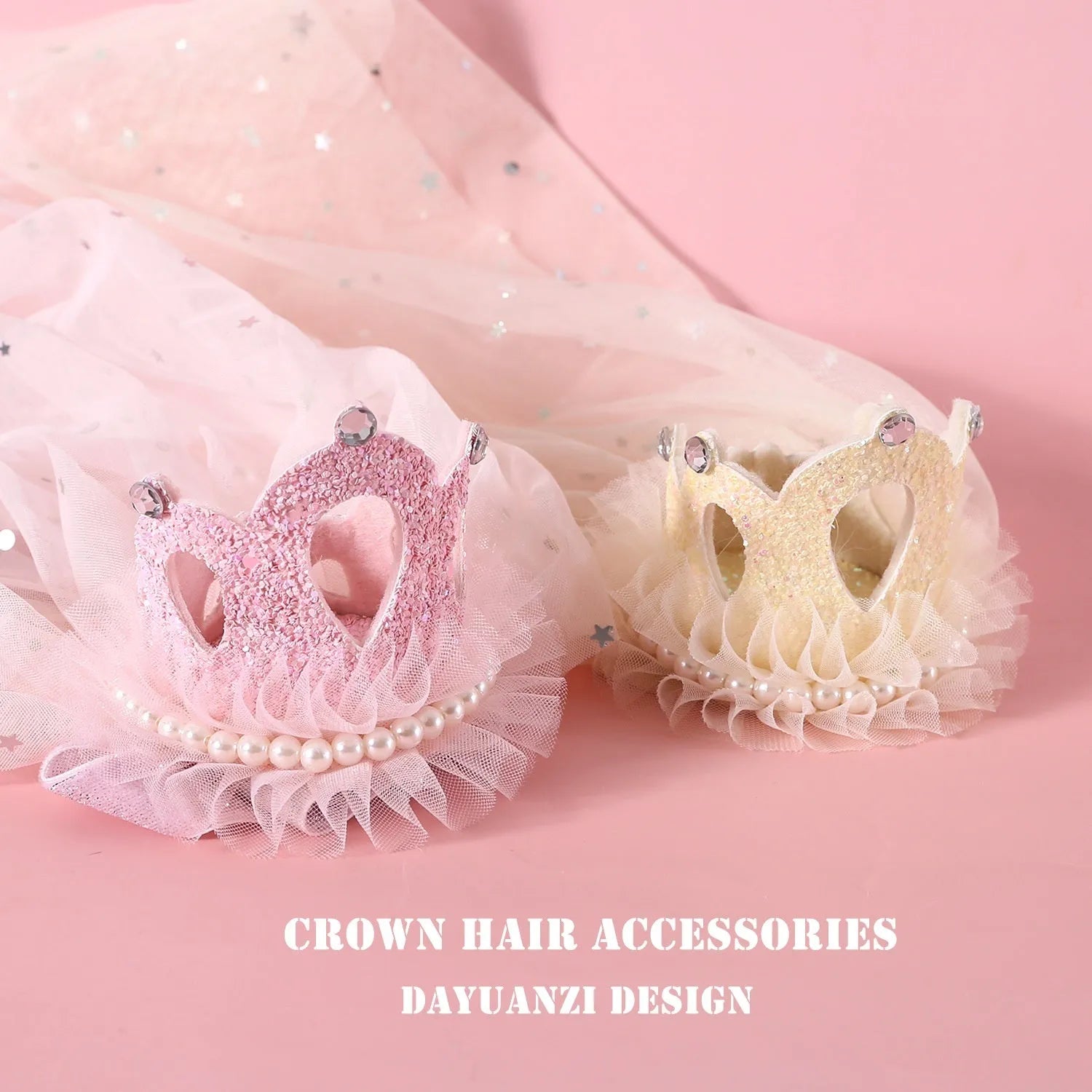 Pet princess crown headdress with veil for cats, available in beige or pink cotton polyester.