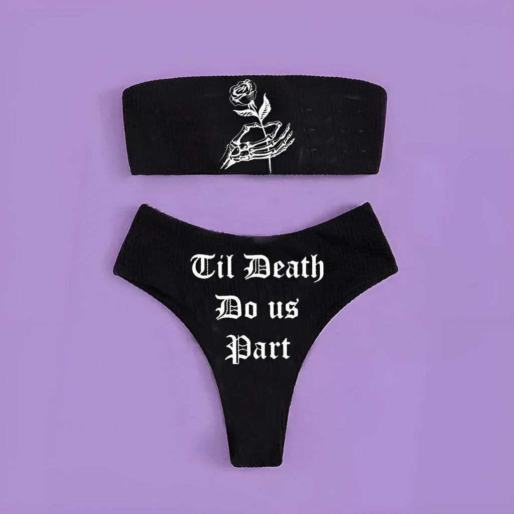 Retro black bikini set with high-waist briefs and backless tube top in Black Rose, sizes S to XL.