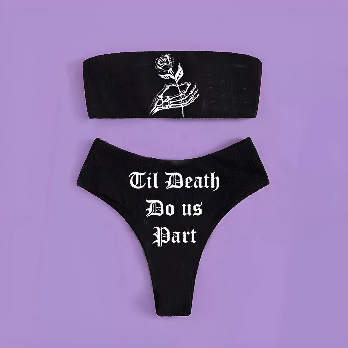 Retro black bikini set with high-waist briefs and backless tube top in Black Rose, sizes S to XL.