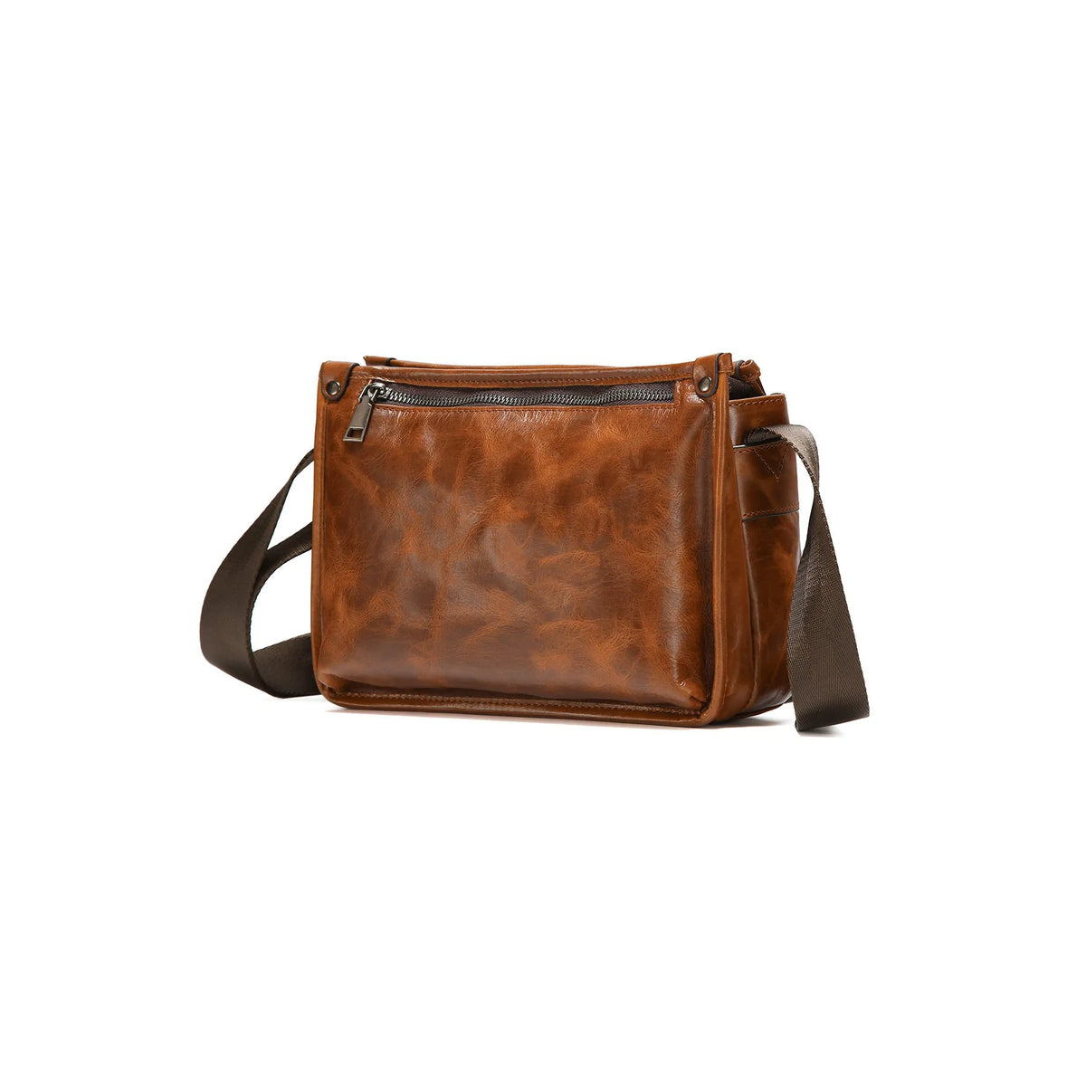 Brown genuine leather men's crossbody messenger bag with large capacity for daily wear