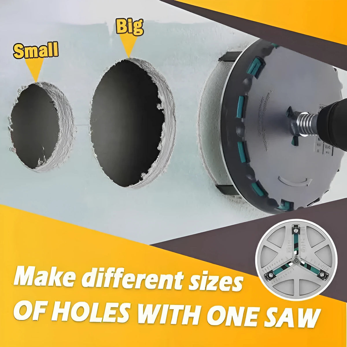 Adjustable punching saw with three triple tooth blades and Allen key, 45-130mm cutting diameter, 30mm depth